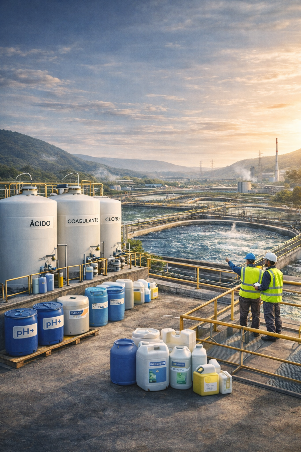 Operação de tratamento de água e efluentes com tanques químicos e técnicos em campo