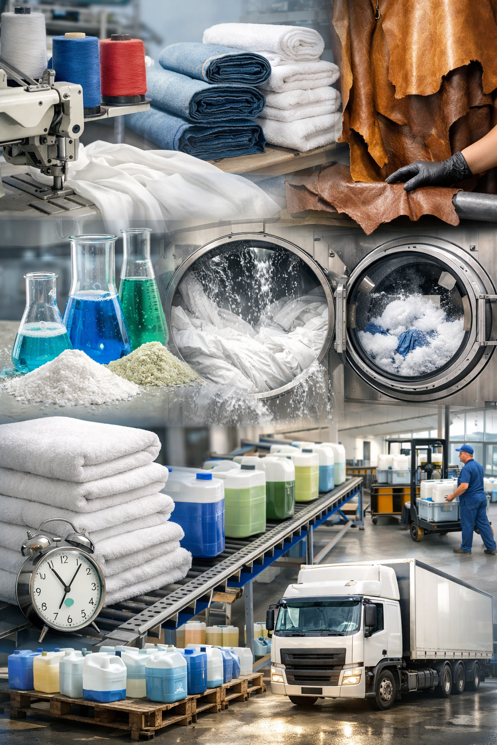 Operações têxteis, couro e lavanderia industrial com apoio químico