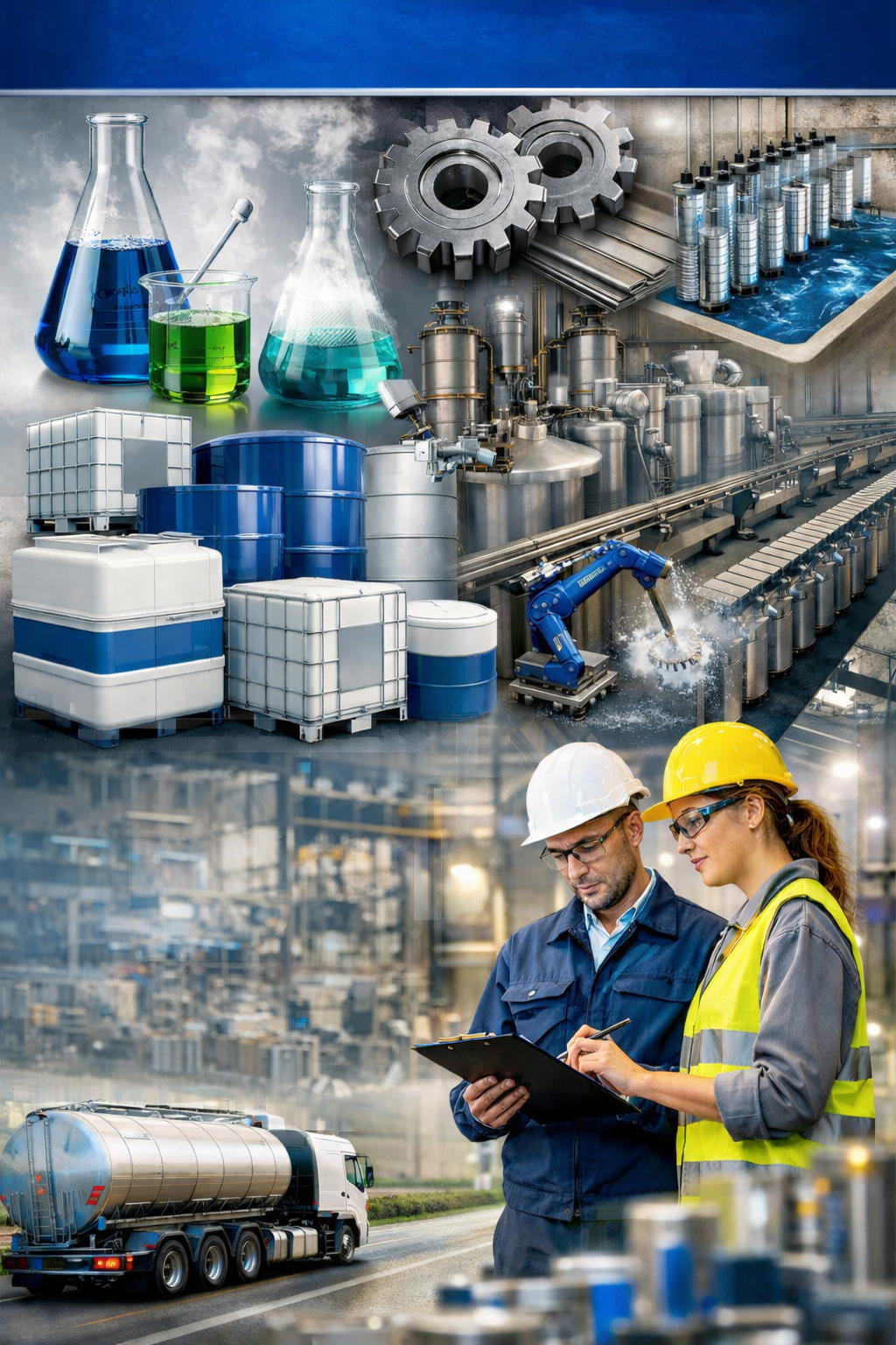 Operações industriais de base com produção química, logística e escala operacional